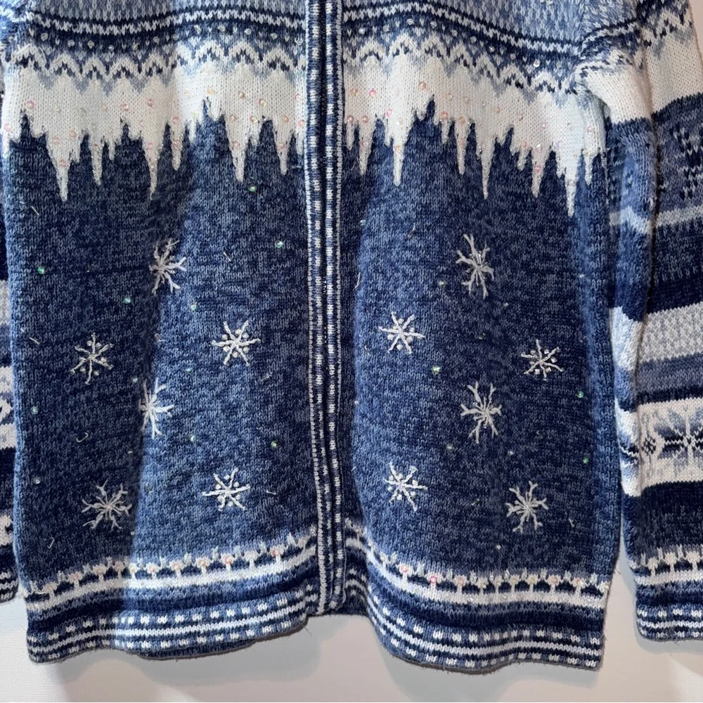 Vintage Fair Isle Full Zip Cardigan Sweater Snowflake Beaded Blue Ramie Medium
